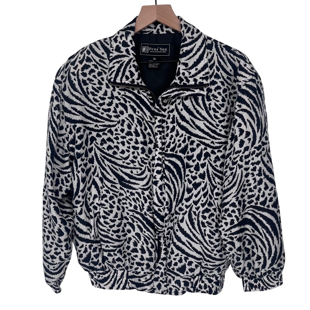Silk Bomber Jacket Womens M Black White Zebra Print Vintage 90s Mobwife